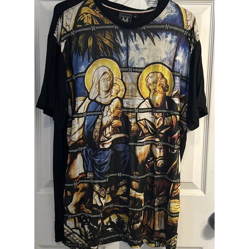 Michael Cherry T-shirt Religious Art Print Madonna And Child Navy Black Size L